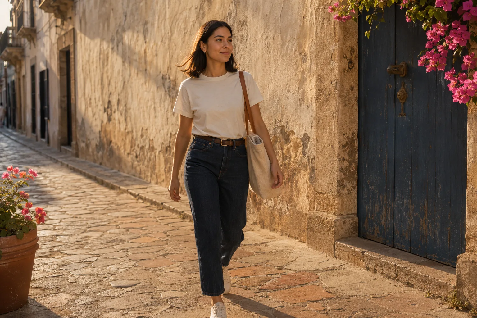 Camila caminando por una calle colonial mexicana con un solo tote — el anti-haul