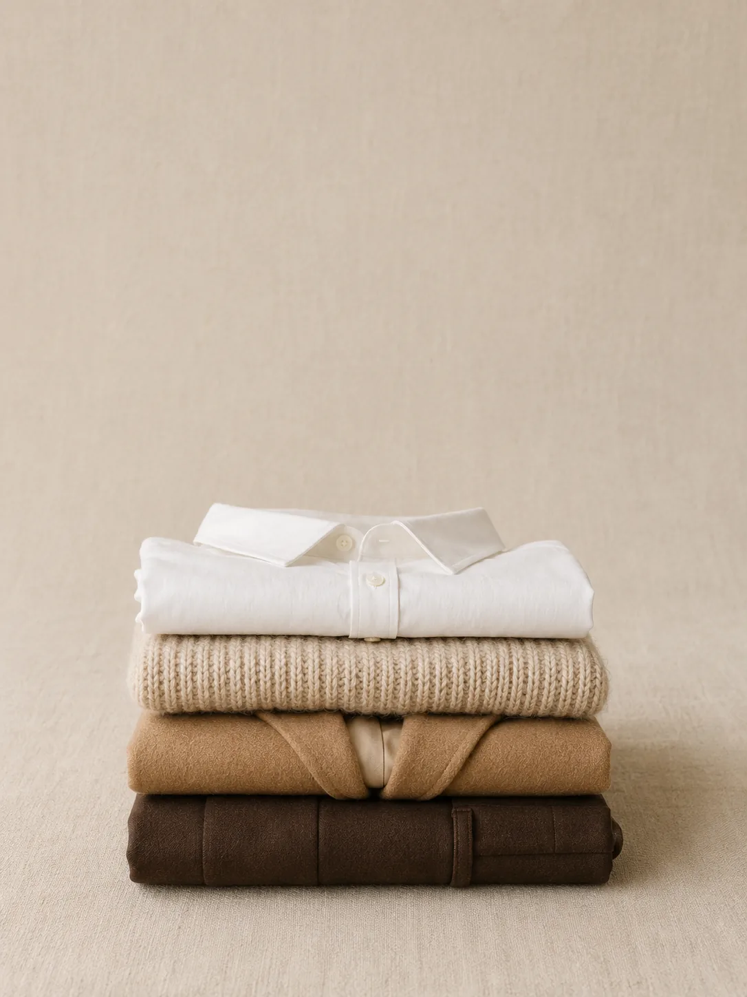 12 piezas, infinitos looks — stack de cuatro prendas dobladas sobre lino oatmeal