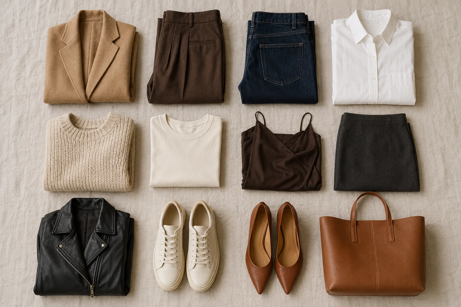 Flat-lay top-down del capsule wardrobe completo — 12 piezas en paleta neutra